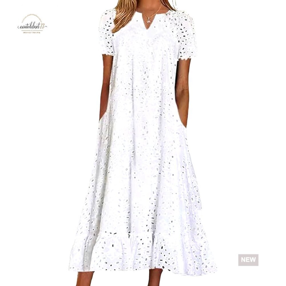 White Floral Lace Midi Dress with Pockets, Ruffle Hem, Loose Fit